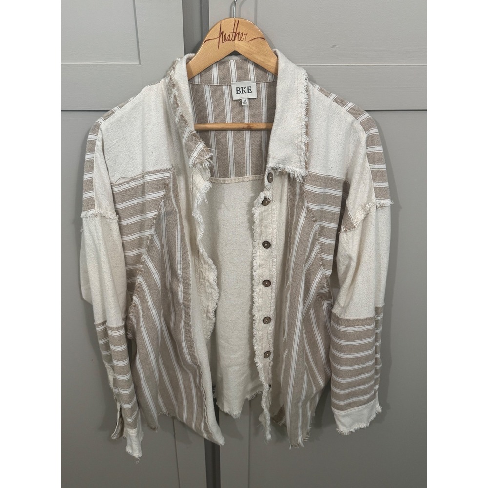BKE Women Tan Cream Striped Frayed Hem Button Up Shirt Jacket Mixed Media Size M